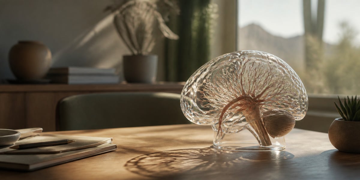 Amazing Facts About the Brain Glass model of a human brain on a desk beside a notebook and lamp