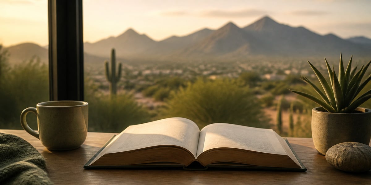 Book Review: Anxiety Gone Open book and a mug of coffee on a table overlooking the Tucson desert at sunrise