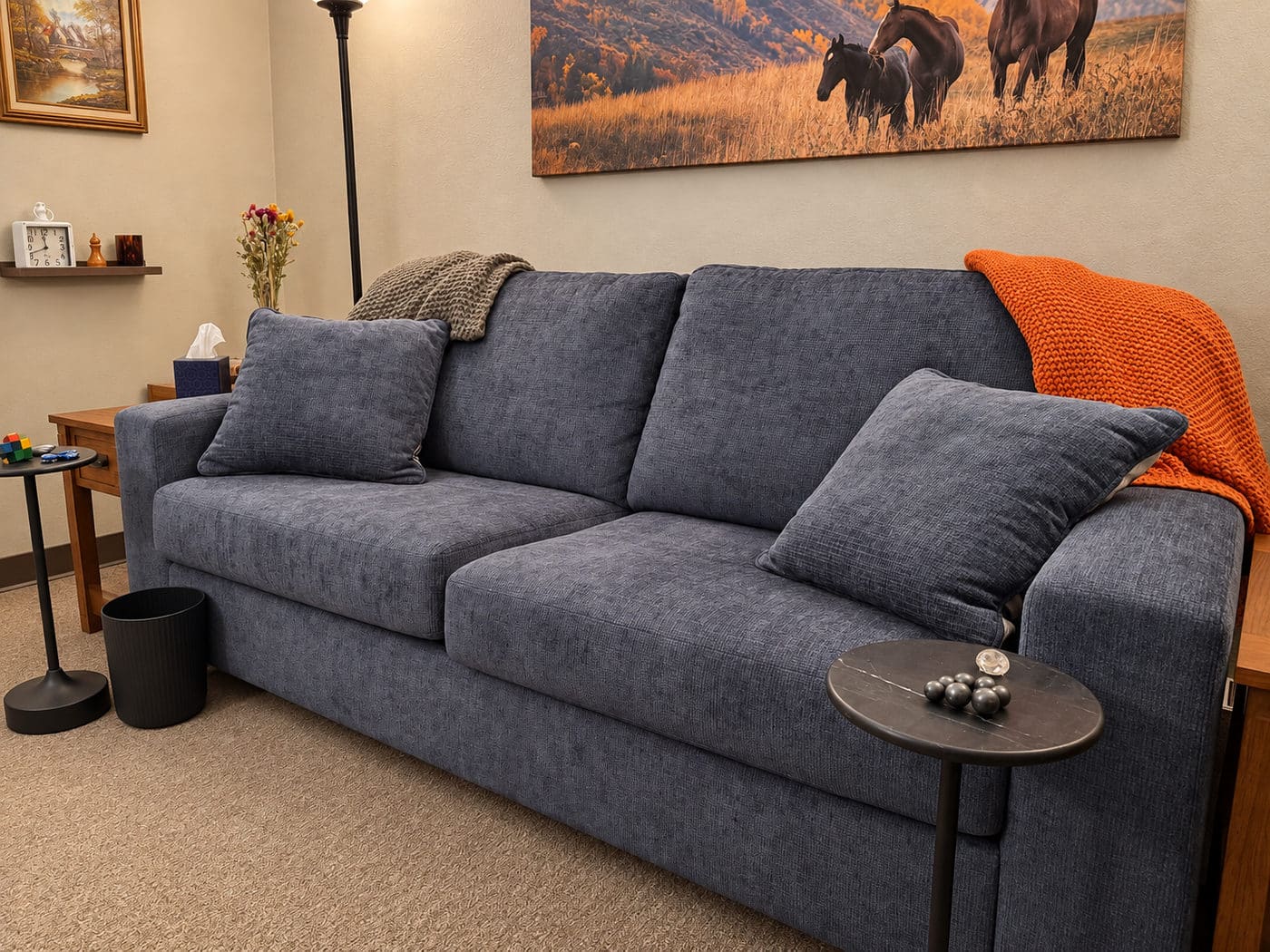 How Do I Know Who's Safe? Blue-gray couch with a knit throw and cushion in Dr. Chet Weld's Tucson counseling office