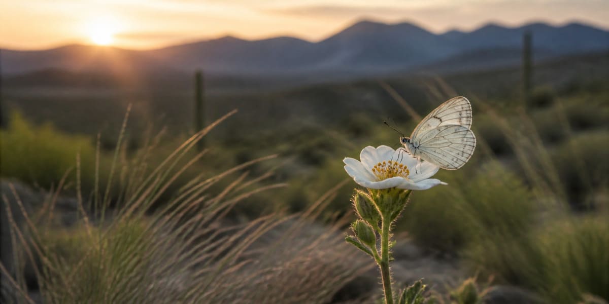 The Butterfly Effect Butterfly resting on a desert wildflower at sunrise, illustrating the butterfly effect of small changes